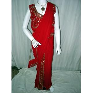 Ready to Wear Saree Bollywood Beaded Fashion Dress Coral Red Saree for Girls