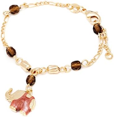 18k Gold Plated Gold and Crystal Elephant Enamel Charm Bracelet (Brown)