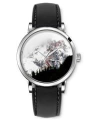 SPRAWL Aanalog Fashion Series Silver Ladies Watches of Genuine Black Leather Strap,Unique Wrist Watch for Women Girls Designed with Snow covered Mountain