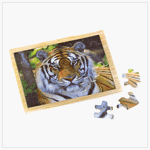 From biggest to smallest, from shortest to tallest, every young adventurer loves the mighty tiger! Wooden jigsaw puzzle features a big, bright graphic of this majestic jungle cat; chunky pieces are easy for children to fit together. Completed puzzle stores easily in its matching wooden tray!