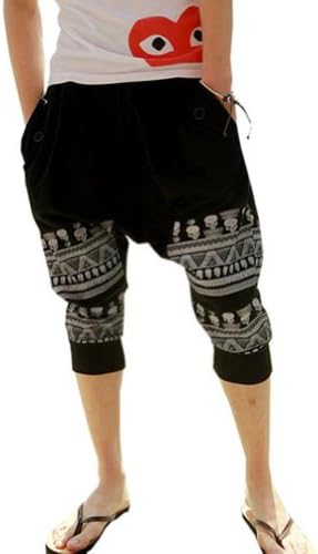 Men's Youth Fashion Cotton Loose Harem Pants Printed Harem Calf-length Pants