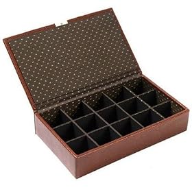 15 compartment brown leather cufflinks travel/storage/presentation box by Wolf Designs