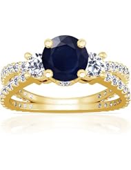 14K Yellow Gold Round Cut Blue Sapphire Ring With Sidestones (GIA Certificate)