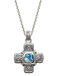Designer Sterling Silver and 14k Gold Cross Necklace with Genuine Blue Topaz