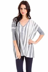 Cecieco Collection Dolman Sleeved Striped Cardigan in Grey and Ivory