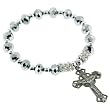 Religious Bracelet with Grey Rondell Faceted Beads and Crucifix- 5'' Overall Length - 7'' Stretchy Bracelet