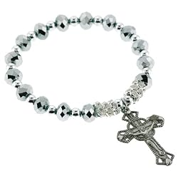 Religious Bracelet with Grey Rondell Faceted Beads and Crucifix- 5'' Overall Length - 7'' Stretchy Bracelet