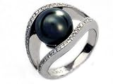 Natural Black, Tahitian South Sea Pearl, Set in 18K White Gold Ring, Enhanced with Pave set Diamonds