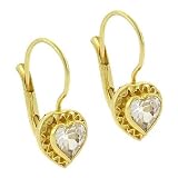 24k Gold vermeil Diamond cz stone Heart filigree Lever Back Earrings