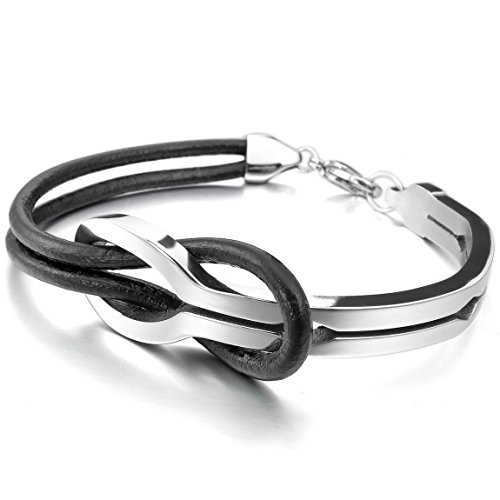 Men,Women's Stainless Steel Genuine Leather Bracelet Bangle Cuff Silver Tone Black Infinity Love Sign