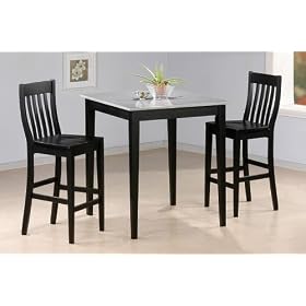 3pc Black Finish Faux Marble Top Bar Table and 2 Stool Set by visiondecor Furniture