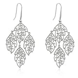IMAGE OF Floral White Gold Bonded Chandelier Earrings with Leaves and Clear Cubic Zirconia Accents