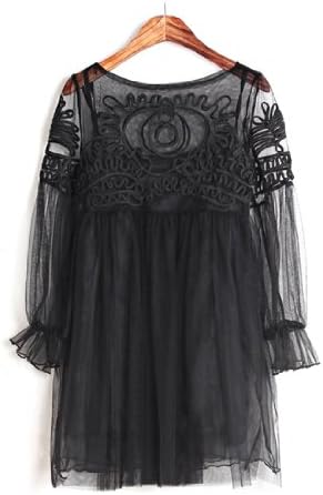 Blooms Women Embroidery Lace Gauze Long Sleeve Dress (Black)