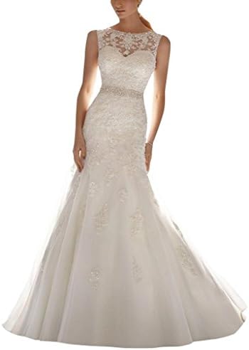 HoneeyGirl Latest Sleeveless Lace Appliques Mermaid Tulle Bridal Dress Wedding Gown ivory 14