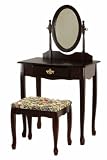 Coaster Queen Anne Style Vanity Table Stool/Bench and Mirror Set, Cherry Finish Wood