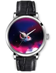 SPRAWL Aanalog Fashion Series Silver Ladies Watches of Genuine Black Leather Strap,Unique Wrist Watch for Women Girls Designed with cute astronaut