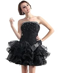A-line Strapless Organza Short Dropped   Waistline Beaded  Lace Homecoming Dress  With Ruffles