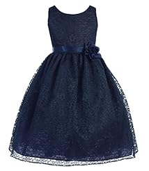 Girls Sleeveless Lace Floral Print Tea Length Flower-Girl Dress  With a Ribbon  and a Sash 
