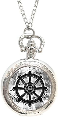Dharmachakra Wheel of Dharma Buddhism Black &amp; White Silver Necklace Pocket Watch