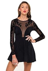 Sexy Plunging Neck Embroidered Vintage Mesh Skater Dress 