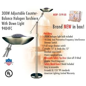 American Lighting 9404FC 300W Adjustable Counter- Balance Halogen Torchiere With Down Light