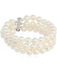 Sterling Silver 3-Row White A Grade 8.5-9mm Freshwater Cultured Pearl Bracelet, 7.25"