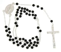 Genuine Onyx and Sterling Silver Beaded Rosary Necklace - 4MM Bead - 26IN Necklace Part