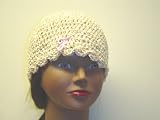 Cp111, Hand Crocheted Ivory Chenille and Gimp Tweed Skull Cap with Pink Monogram for Men, Women and Teens