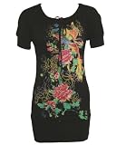 Floral Silkscreened Black Tunic Dress, Banded Bottom and Arms