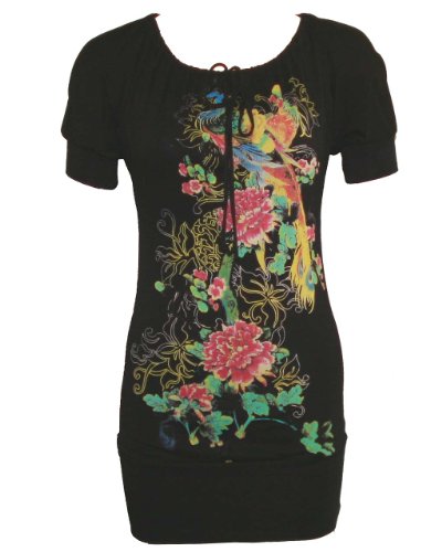 Floral Silkscreened Black Tunic Dress, Banded Bottom and Arms Floral Silkscreened Black Tunic Dress, Banded Bottom and Arms