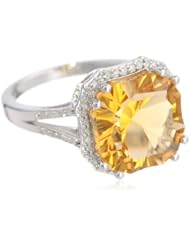 Sterling Silver Concave Cut Citrine and Diamond Ring, Size 7