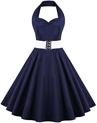 VogueBella Womens 1950s Retro Vintage Halter Neck Rockability Party Dress (S, Navy Blue)