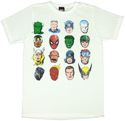  MARVEL COMICS HEROES "DISTRESSED MINTY FACES" Fine Woven White Cotton Tee