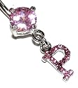 Pierced & Modified  Body Jewellery Navel Bars  Pink Crystal Initial Dangle Belly Bar  P