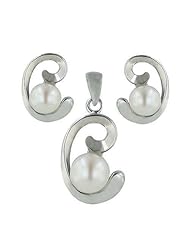 Sterling Silver White Freshwater Pearl with silver "C" Curly side Earrings and Pendant Set 16 inches chain