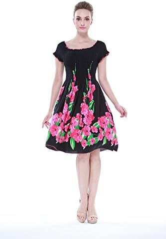 Women's Hawaiian Elastic Top Short Sleeve Dress in Black with Pink Floral