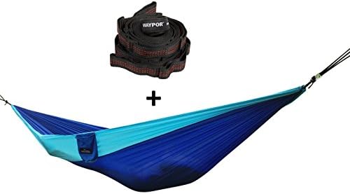 The Best Set Parachute Double Hammock With 2 Suspension Straps On Amazon, Lightweight Gear For Camping, Backpacking &amp; Travelling, Easy To Install, Strong Material , Carabiners Included!!(Blue &amp; Blue)