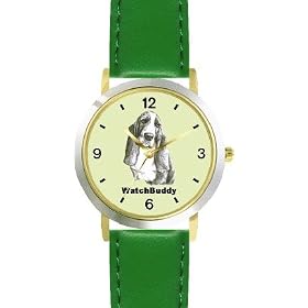 Basset Hound (MS) Dog - WATCHBUDDY® DESIGNER DELUXE TWO-TONE THEME WATCH - Arabic Numbers-EMERALD... by WatchBuddy