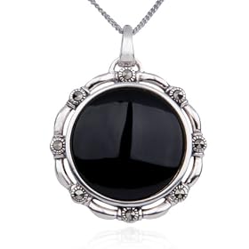 Sterling Silver Marcasite and Black Onyx Pendant, 18 by