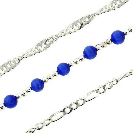 Sterling Silver Figaro Twisted Diamond Cut and Blue Cats Eye Trio Bracelet Set