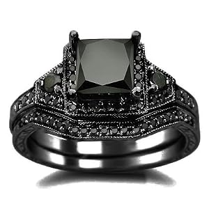 2.01ct Black Princess Cut Diamond Engagement Ring Wedding Set 14k Black Gold