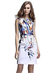 Petite Above the Knee Floral Print Belted Slit Sheath Polyester Scoop Neck Sleeveless Party Dress 