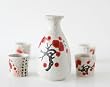 5 Piece Sake Set - Medium Size Contemporary Sake Flask with Sake Cups / Gray Ceramic with Red Cherry Blossom Floral Design / Asian Calligraphy Edging