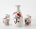 5 Piece Sake Set - Medium Size Contemporary Sake Flask with Sake Cups / Gray Ceramic with Red Cherry Blossom Floral Design / Asian Calligraphy Edging