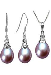 Crystal Top 8-9mm Drop Cultured Pearl Silver Pendant Necklace & Earrings Set, Lavender