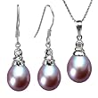 Crystal Top 8-9mm AAAA Drop Pearl Platinum Overlay CAREFREE Sterling Silver Pendant Necklace & Earrings Set, Lavender
