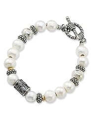 Sterling Silver W/14k 9-10mm Fw Cultured Pearl & Barrel 8in Bracelet