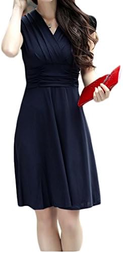 OURS Women's Short Sleeve Empire Waist V-Neck Dress for Summer Casual (L, Navy blue)