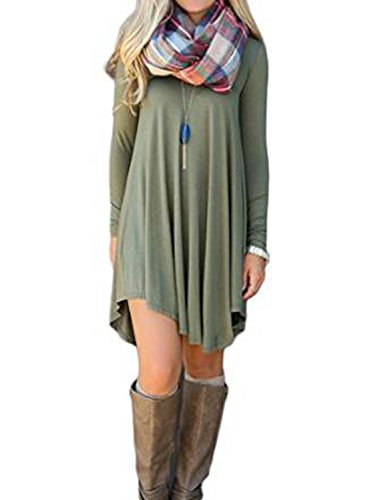 Women s Irregular Hem Long Sleeve Casual T Shirt Flowy Shift Dress Army Green M
