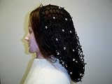 S153bs, Hand Crocheted Black Gimp Large Snood with Black Onyx Pearls.